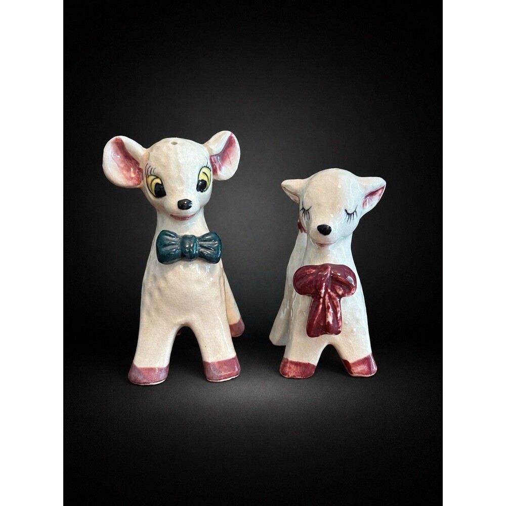 Vintage Japan Lamb Salt & Pepper Shakers Pair Ceramic Sheep Original Corks